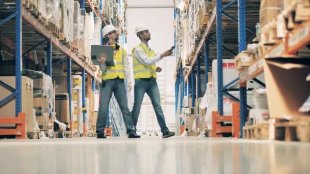 Två lagerarbetare diskuterar varor i lager — Stockvideo