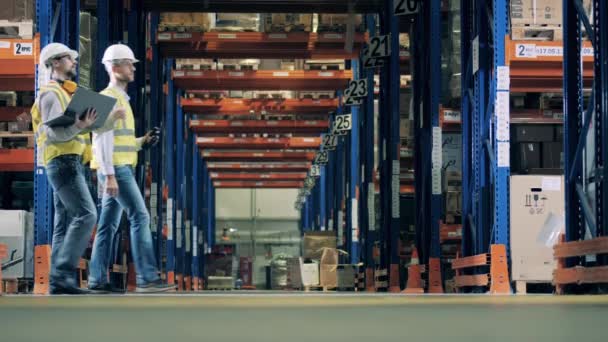 Vista lateral de dos trabajadores de almacén moviéndose entre bastidores — Vídeos de Stock