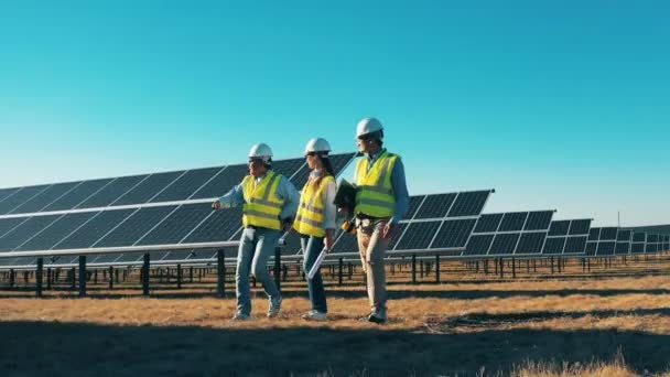 Especialistas em energia solar caminhando e conversando em uma usina de energia solar — Vídeo de Stock