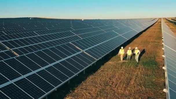 Veduta aerea di specialisti di energia solare a piedi attraverso un parco solare — Video Stock