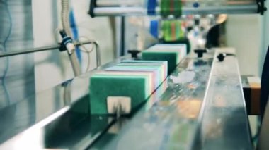 Fabrika işçisi fabrikadaki konveyör bandına sünger yüklüyor.