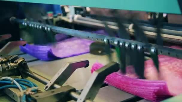 Productieproces van polyethyleenfolie. Werken plastic zak snijmachine in een polyethyleen fabriek. Sluiten. — Stockvideo