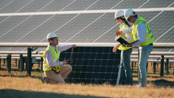 太陽光発電所の太陽光パネルを調べる3人のソーラーパネル技術者。代替、グリーンエネルギー労働者. — ストック動画