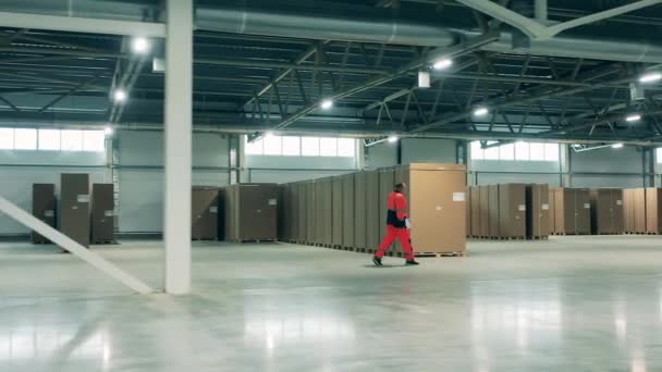 Worker is walking along the storage of the refrigeration factory. Factory facility intside. — Stock Video