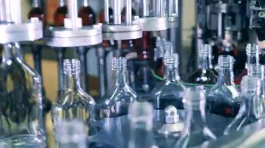 Şişeler alkolle doldurulurken konveyör boyunca hareket ediyor.