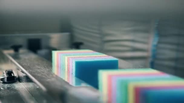 Scrub sponges moving along a conveyor at a factory. Close up — Video