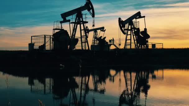 Wide shot of oil pumpjacks and engineer at sunset — Video