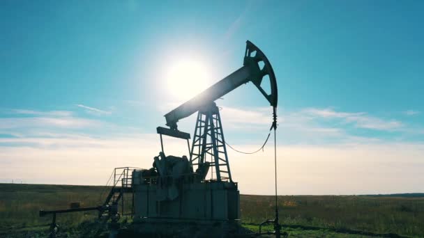 Aerial view of oil pumpjack working at oil field — Stock Video