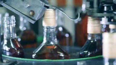 Endüstriyel makine şişeleri alkolle kapatıyor.