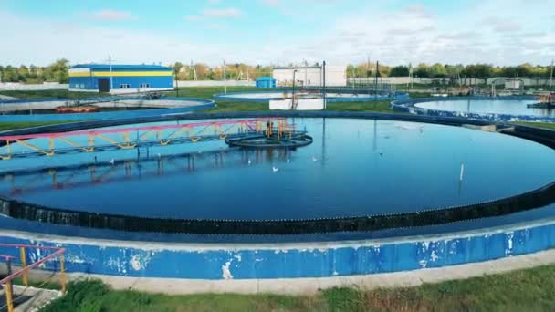 Vue aérienne de clarificateurs ronds dans une installation de nettoyage des eaux usées. Concept de gestion de l'eau. — Video