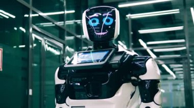 Cyborg gülümsüyor ve başını hareket ettiriyor.