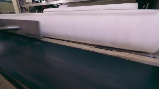 Des rouleaux de papier mouchoirs sont transportés dans une machine d'usine — Video