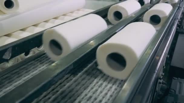 Metal conveyor with sets of toilet paper moving along it — Stock Video