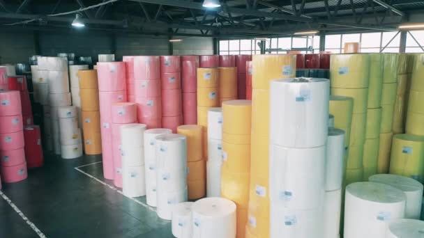 Espacio de almacenamiento de una fábrica de fabricación de papel con rollos de papel — Vídeos de Stock