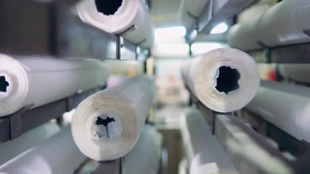 Rolki papieru przemieszczają się wewnątrz maszyny przemysłowej — Wideo stockowe