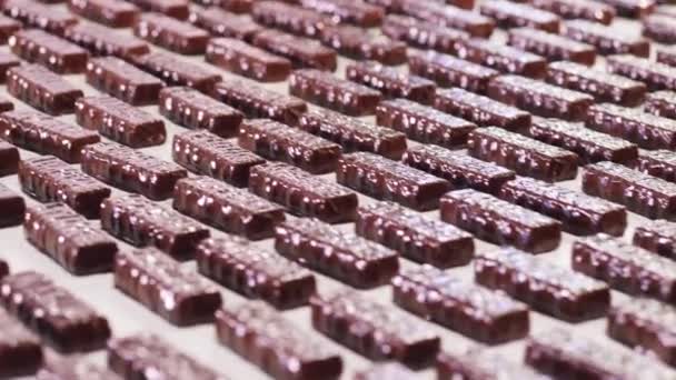 Massor av glaserade sötsaker rör sig längs transportören — Stockvideo
