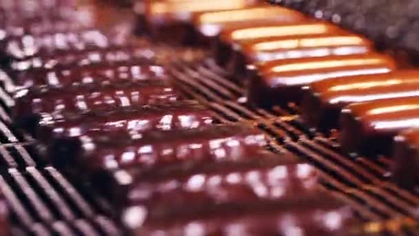 Fabrikmaschine erstarrt Glasur auf Süßigkeiten — Stockvideo