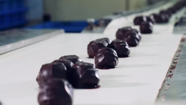 Transportband met een rij geglazuurde snoepjes erop — Stockvideo