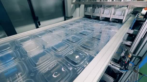 Transportador de fábrica con paquete de plástico recién producido — Vídeo de stock