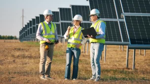 Os inspectores de segurança estão a ter uma discussão perto dos painéis solares. Conceito de eletricidade renovável. — Vídeo de Stock