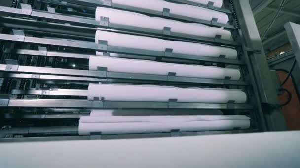 Papierrollen werden in einer Papierfabrik automatisch auf eine spezielle Maschine gelegt — Stockvideo