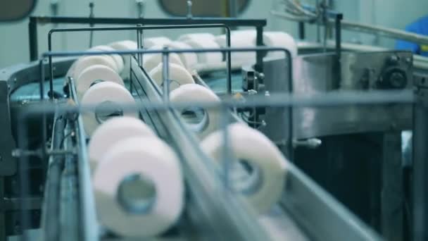 Велика кількість рулонів туалетного паперу, що рухаються вздовж конвеєра — стокове відео