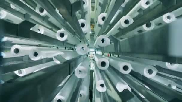 Papírové role pohybující se nahoru a dolů na speciálním stroji — Stock video