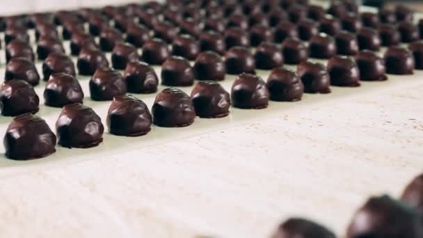 Bonbons au chocolat se déplacent le long du mécanisme industriel — Video