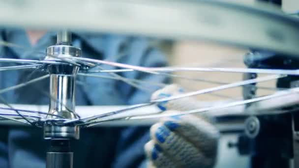 Factory worker is checking spokes in a bicycle wheel — Stock Video