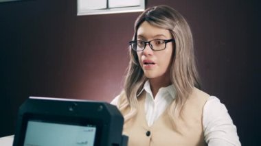 Kadın robot asistanı bir müşteriye danışıyor. Yenilik teknolojisi kavramı.