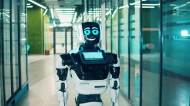Yenilik teknolojisi konsepti. Dost canlısı robot koridorda ilerliyor ve etrafa bakıyor.