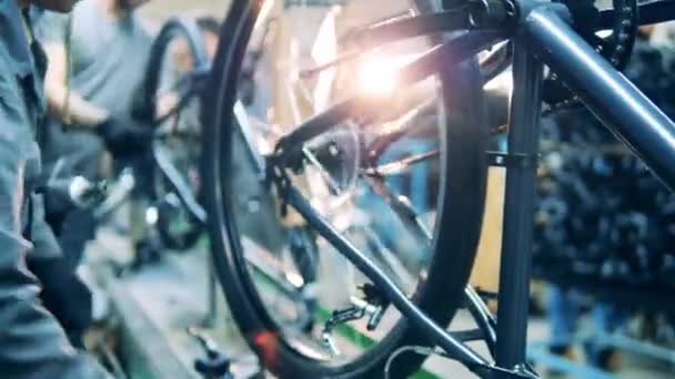 Egy biciklit gyárt és igazít meg egy munkás. — Stock videók