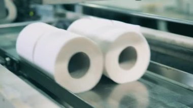 Kağıt fabrikasında tuvalet kağıdı rulolarını taşırken yakın çekim