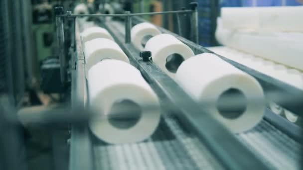 Primer plano de la línea de producción de rollos de papel — Vídeos de Stock