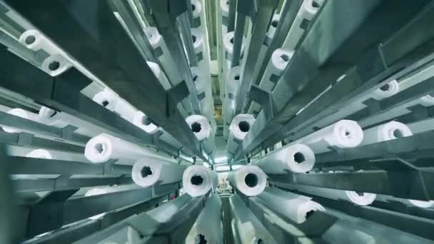 Rolos de papel branco sendo armazenados em uma fábrica de papel — Vídeo de Stock