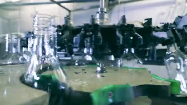 Konveyor berputar menggusur botol kaca kosong — Stok Video