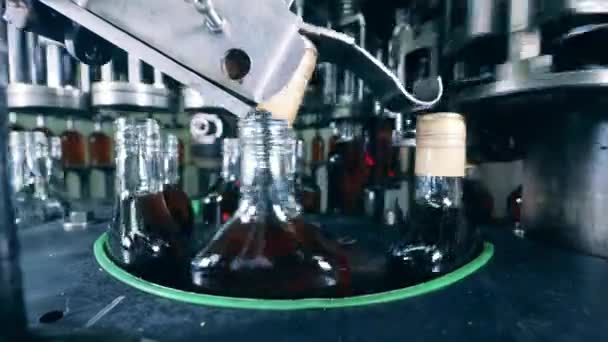 Μπουκάλια με λικέρ σφραγίζονται από τη βιομηχανική μηχανή. — Αρχείο Βίντεο