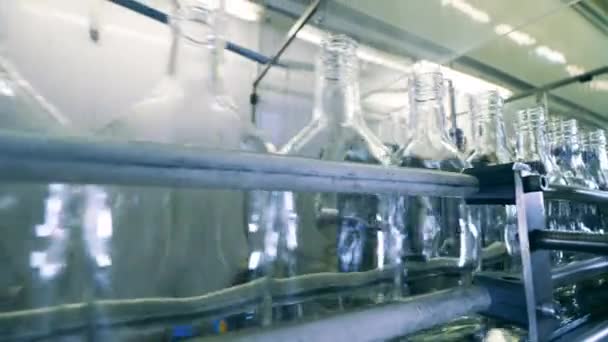Transportador de metal con un lote de botellas de vidrio vacías — Vídeo de stock