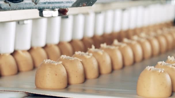 Крупный план производства конфет с помощью конвейерной машины — стоковое видео