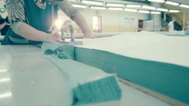 Textielarbeider snijdt randen van het kledingmateriaal af — Stockvideo