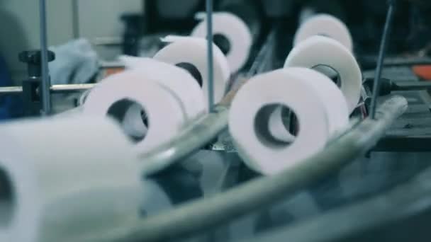 Крупним планом знімок лінії виробництва туалетного паперу — стокове відео