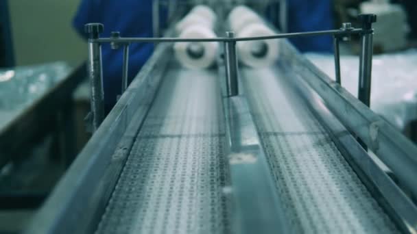 Rolos de papel higiênico se movendo ao longo da linha de produção — Vídeo de Stock