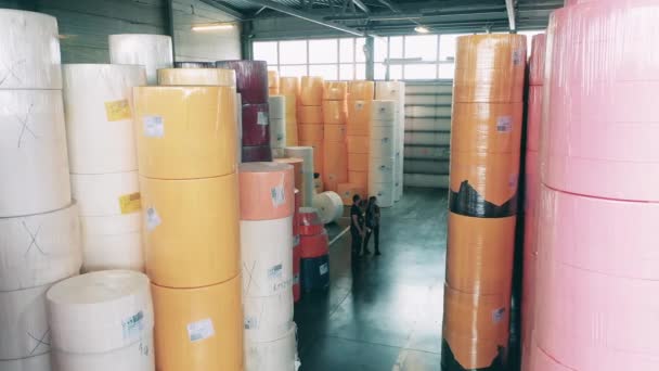 Большие бумажные рулоны хранятся на складе — стоковое видео