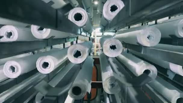 Rollos de toallas de papel moviéndose a lo largo de una máquina especial en una planta de fabricación de papel — Vídeo de stock