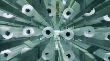 Tuvalet kağıdı, tuvalet kağıdı üretimi. Kağıt ruloları kağıt fabrikasında dikey bir taşıyıcı boyunca hareket ediyor.