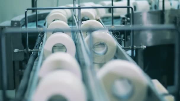 Statyczne ujęcie linii produkcyjnej papieru toaletowego — Wideo stockowe