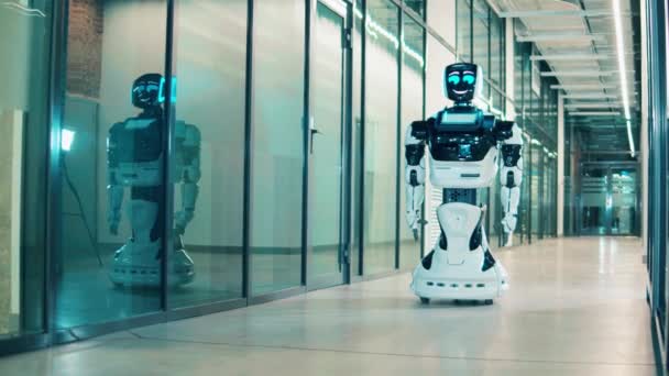 Robot cibernetico sta cavalcando lungo il corridoio pur essendo felice — Video Stock