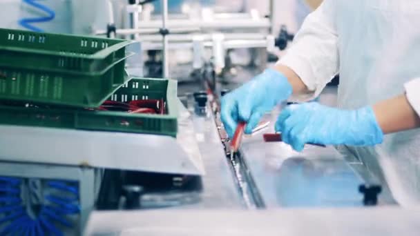 Fabrieksarbeider sorteert snoeprepen en stopt ze in transportband — Stockvideo