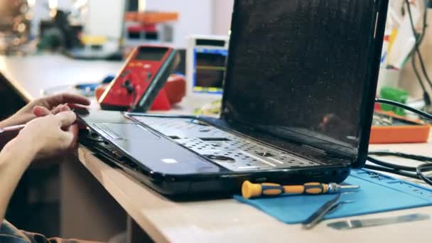 Laptop wordt ontmanteld door een reparateur. — Stockvideo