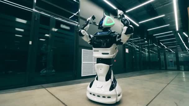 Moderní robot se vesele pohybuje v obchodní hale. Umělá inteligence, inovace robotiky, koncept kyborgu. — Stock video